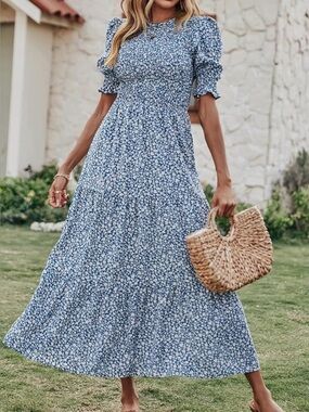 BTFBM Blue Floral Smocked Maxi Dress